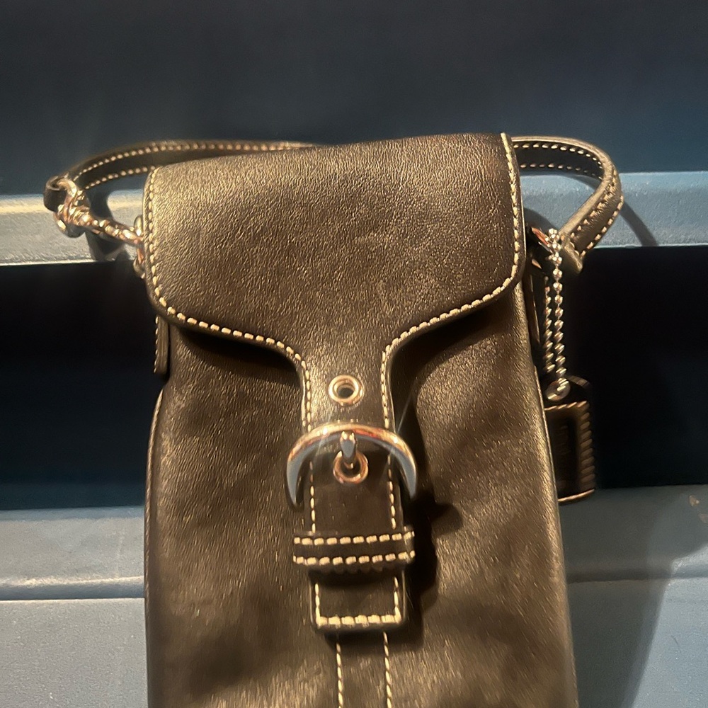 Coach Black Leather Crossbody Phone Pouch with Buckle